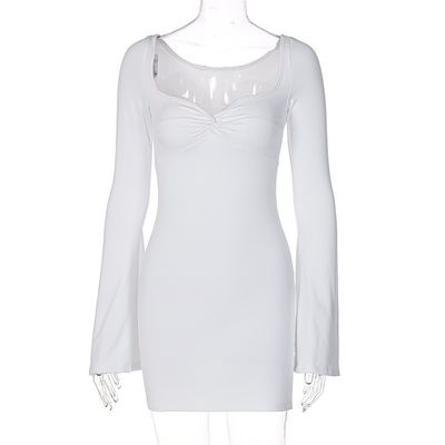 Color sólido Vestido ajustado Collar cuadrado Blanco Talones altos Vestido ajustado Mangas desdobladas