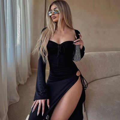 Paquete de manga larga Vestido de cadera Sexy Sexy Halter Vestido de cintura Negro ajustado