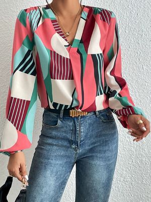 Impresión geométrica decal camiseta Dacron Manga larga Top para mujeres