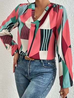 Impresión geométrica decal camiseta Dacron Manga larga Top para mujeres
