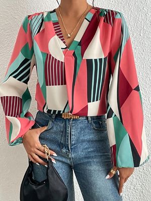 Impresión geométrica decal camiseta Dacron Manga larga Top para mujeres