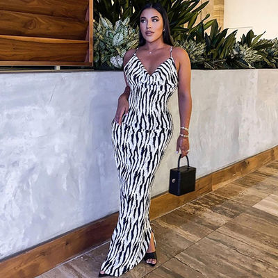 Impresión sexy vestido de dama elegante con rayas de cebra V vestido de cuello