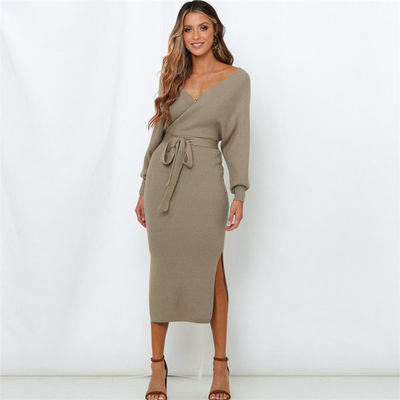 Pantalón largo vestido de mujer suéter sexy suéter de cuello V vestido de punto