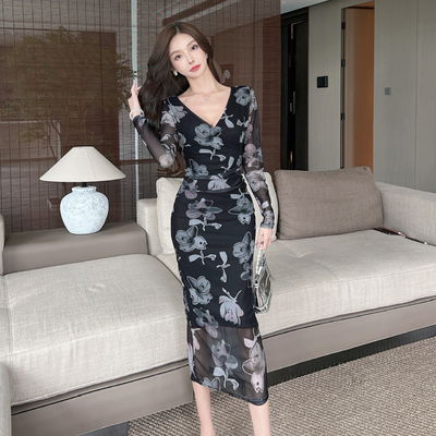 Impresión de malla Sexy vestido de cadera Manga larga espalda baja Envuelva vestido de cadera