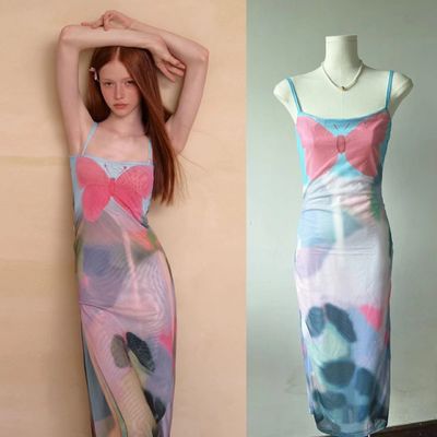 Rosa Azul Mariposa Vestido de correa Francés Corte Esbelto Vestido Sexy De cintura adelgazamiento
