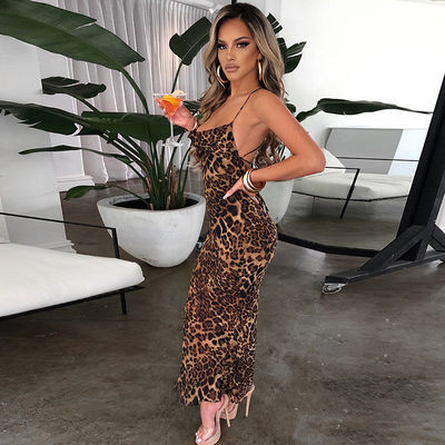 Impresión de leopardo vestido de mujer elegante sexy sin espalda Slim Fit vestido MIDI