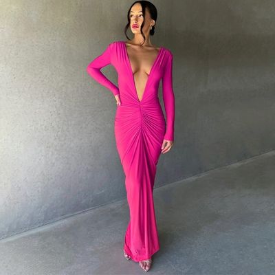 Rosa Rojo Estilizado Vestido de Mujeres Esbelto Sexy Gran V Collar Vestido sin espalda pliegues Color sólido