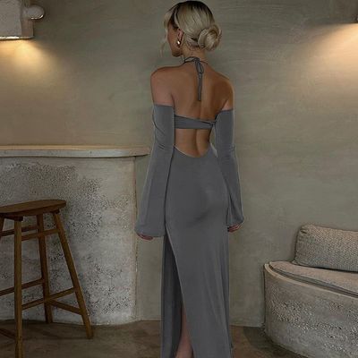 Color sólido vestido de mujer elegante moda caluroso vestido sin espalda split sin correas