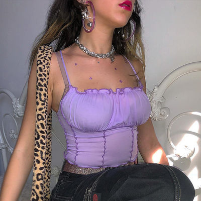 Violeta Camiseta de mujer cómoda chaleco elegante Top de algodón de algodón con borde ondulado plissado
