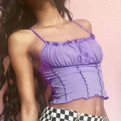 Violeta Camiseta de mujer cómoda chaleco elegante Top de algodón de algodón con borde ondulado plissado