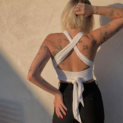 Camiseta sin mangas con cuello en V, encaje estilo sexy, camiseta de cinturón