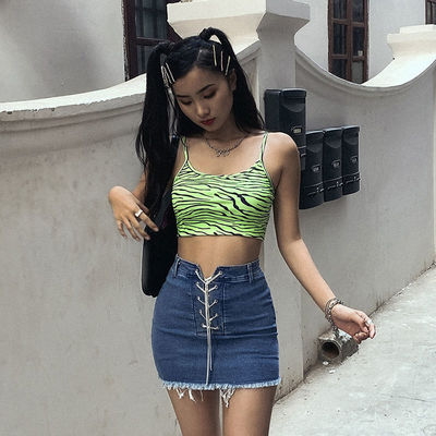 Camiseta de moda para mujeres chaleco fluorescente verde con impresión de cebra camiseta delgada ajusta sexy