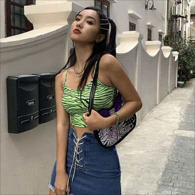 Camiseta de moda para mujeres chaleco fluorescente verde con impresión de cebra camiseta delgada ajusta sexy