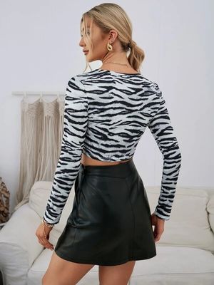 Todas coinciden con decal camiseta V cuello de tira corta mujer cebra impresión camiseta de manga larga