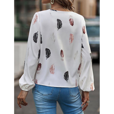 Camiseta de cuello V de plumas de mujer Casual Top de manga larga