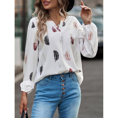 Camiseta de cuello V de plumas de mujer Casual Top de manga larga