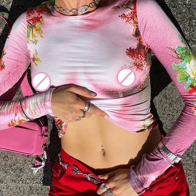 Casual Mujeres Manga Larga Camisetas Especias Impresión Slim Fit Cuello Manga Larga