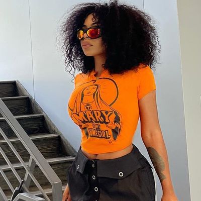 Sexy Monograma Impresión Manga corta Top Sexy Camiseta delgada y ajustada Midriff Hipster Tee