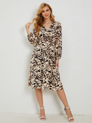 Impresión floral vestida de mujer V cuello vestido floral linterna manga una falda de línea