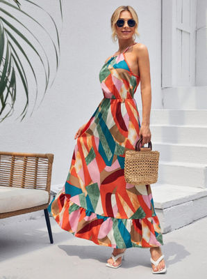 Impresión floral sin mangas vestido con estilo floral vestido con correa maxi falda