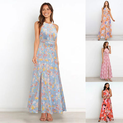 Adultos vestido sin manga impresa estilo floral corbata vestido maxi