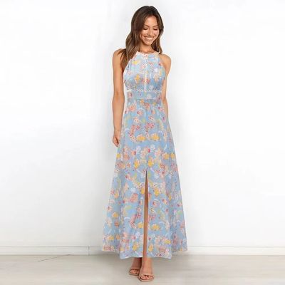 Adultos vestido sin manga impresa estilo floral corbata vestido maxi