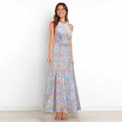 Adultos vestido sin manga impresa estilo floral corbata vestido maxi