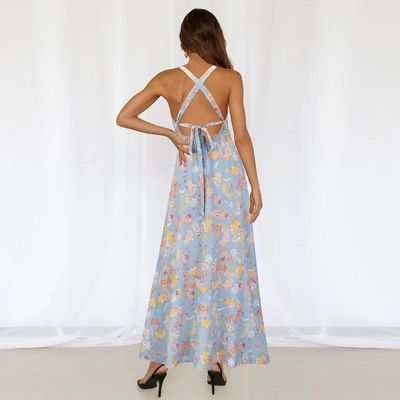 Adultos vestido sin manga impresa estilo floral corbata vestido maxi