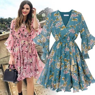 Manga corta de longitud de rodilla vestido floral V cuello con manga ancha vestido de chifón con volantes