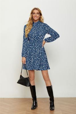 Collar redondo de color floral con estampado vestido de moda mujer linterna con manga larga vestido floral