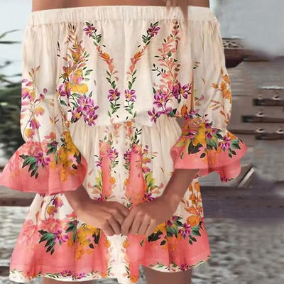 Collar de una línea de longitud de rodilla vestido impreso vestido floral sexy vestido de cintura vestido suelto