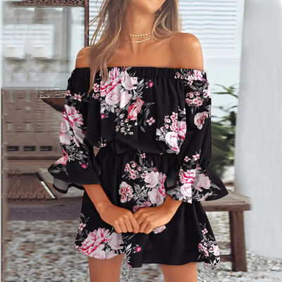 Collar de una línea de longitud de rodilla vestido impreso vestido floral sexy vestido de cintura vestido suelto