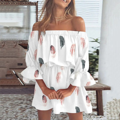 Collar de una línea de longitud de rodilla vestido impreso vestido floral sexy vestido de cintura vestido suelto