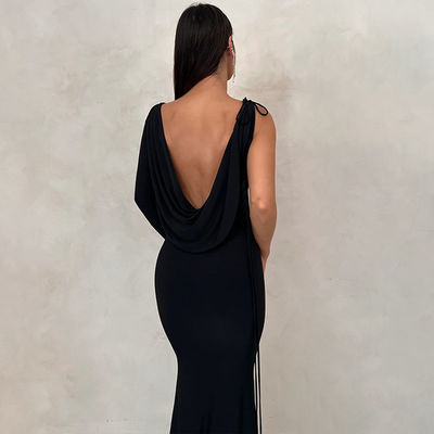V cuello vestido de noche delgado color sólido corbata hombro hueco negro vestido de noche sexy