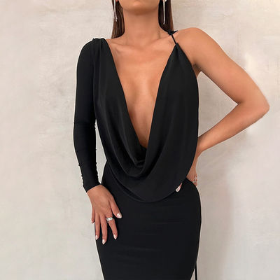 V cuello vestido de noche delgado color sólido corbata hombro hueco negro vestido de noche sexy