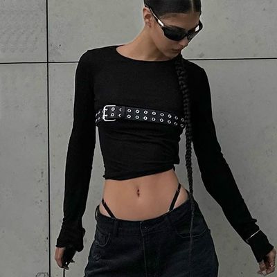 Moda Especias Sexy T-shirts ajustadas cuello redondo delgada camiseta de manga larga patrón sólido