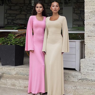 Estilo de manga larga vestido delgado U cuello espalda encaje de color sólido vestidos de manga larga