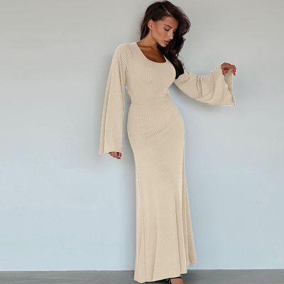 Estilo de manga larga vestido delgado U cuello espalda encaje de color sólido vestidos de manga larga