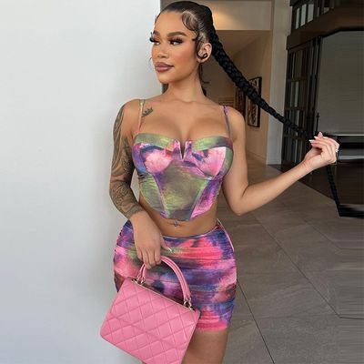 Fashion Crop Top Corta de la falda de conjunto Impresión Halter Slim Fit 2 Piece Corta de la falda de conjunto
