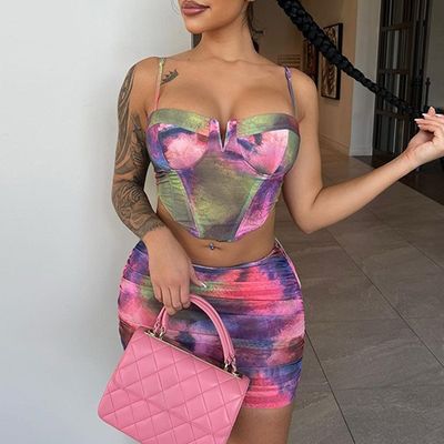 Fashion Crop Top Corta de la falda de conjunto Impresión Halter Slim Fit 2 Piece Corta de la falda de conjunto