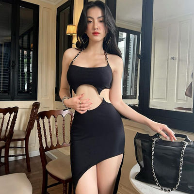 Vestido de cuello cortado estilo sexy sin espalda cortado vestido de cuello delgado