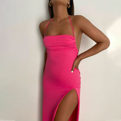 Vestido de cuello largo con correa de moda sexy con correa de cuello con correa de cuello vestido de corte delgado mujer