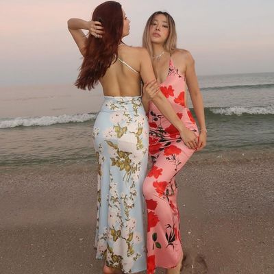 Verano vestido de mujer con estilo impresión sexy sin espalda U cuello vestido de correa delgado