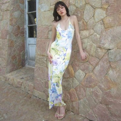 Verano vestido de mujer con estilo impresión sexy sin espalda U cuello vestido de correa delgado