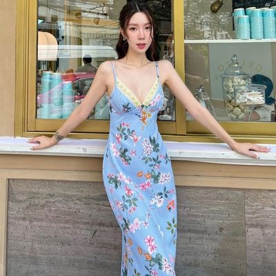 Verano nuevo impresión de moda sexy sin espalda vestido de encaje de correa