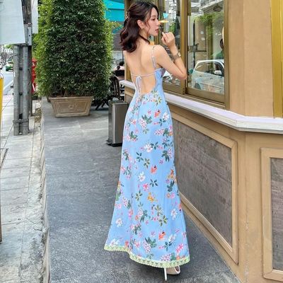 Verano nuevo impresión de moda sexy sin espalda vestido de encaje de correa