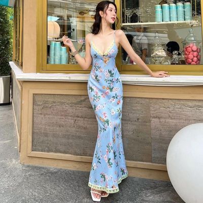 Verano nuevo impresión de moda sexy sin espalda vestido de encaje de correa