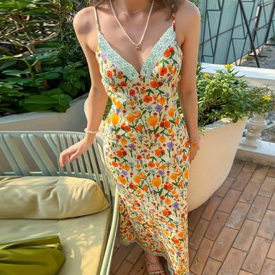 Verano nuevo impresión de moda sexy sin espalda vestido de encaje de correa