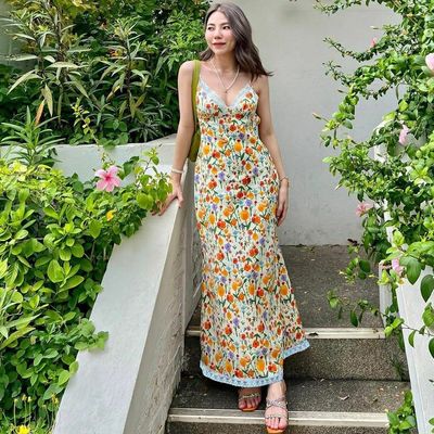 Verano nuevo impresión de moda sexy sin espalda vestido de encaje de correa