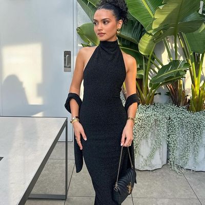 Temperamento de la moda nuevo sexy éxito de taquilla correa correa delgado empalme manga larga vestido de seda brillante